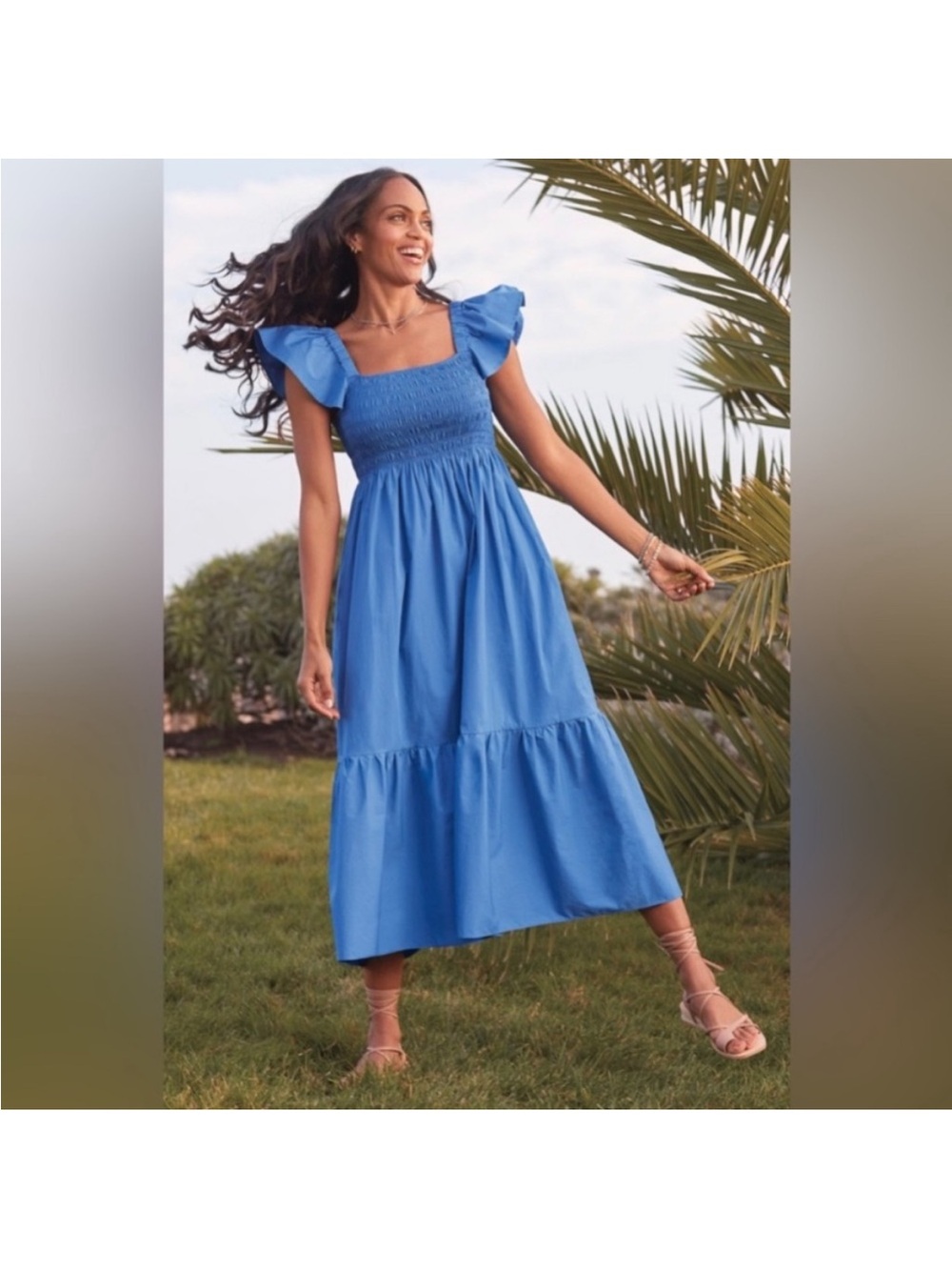 o.p.t Evereve Tuscany Cobalt Smocked Square-Neck Midi Dress